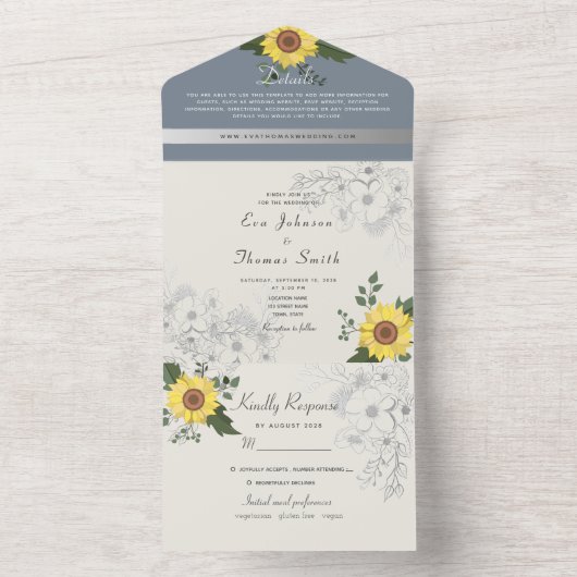 Rustikale Sonnenblume und duftende blaue Hochzeit All In One Einladung (Innen Boden)