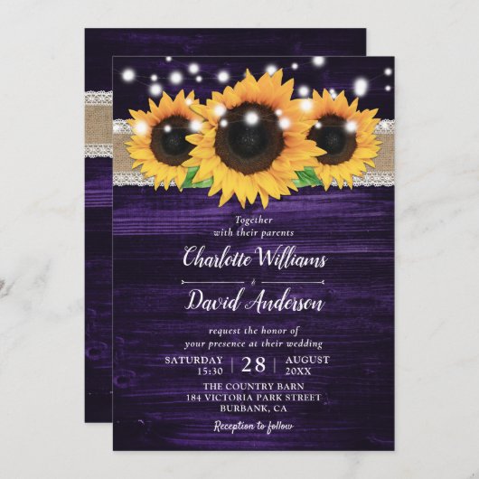 Rustikale Sonnenblume und Lila Einladungen für Hoc (Vorne/Hinten)