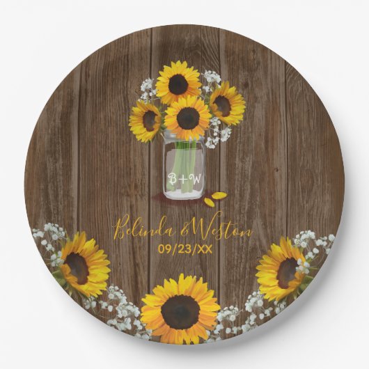 Rustikale Sonnenblume und Mason Jar Wedding Paper Pappteller (Vorderseite)
