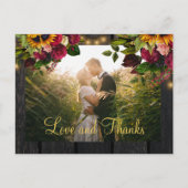 Rustikale Sonnenblume und Rose Hochzeit danke Postkarte (Vorderseite)