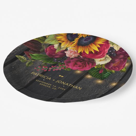 Rustikale Sonnenblume und Rose personalisierte Hoc Pappteller (Schrägansicht)