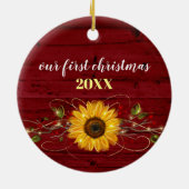 Rustikale Sonnenblume Unser erstes Weihnachtsfest- Keramik Ornament (Hinten)