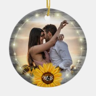 Rustikale Sonnenblume unser erstes WeihnachtsFoto Keramik Ornament