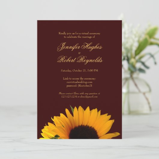 Rustikale Sonnenblume Virtual Wedding Einladung (Stehend Vorderseite)