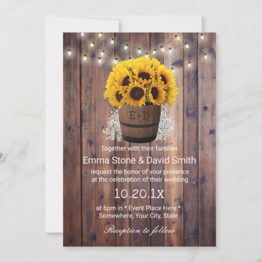 Rustikale Sonnenblume Wein Barrel String Lights Ho Einladung (Vorderseite)