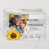 Rustikale Sonnenblume Weißes Holz Foto Hochzeit Save The Date (Vorne/Hinten)