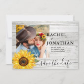 Rustikale Sonnenblume Weißes Holz Foto Hochzeit Save The Date (Vorderseite)