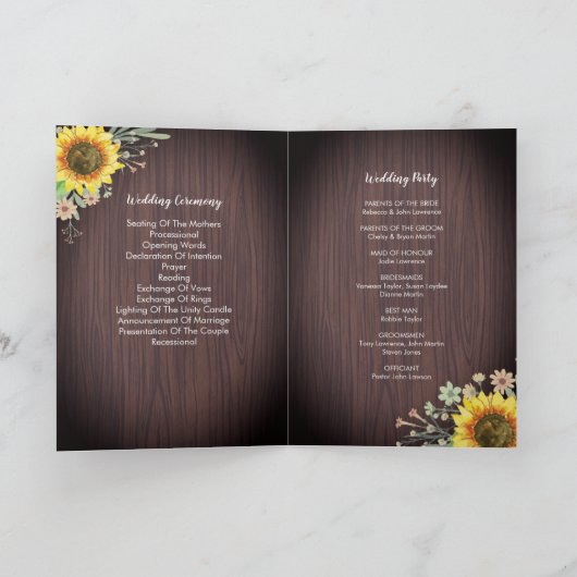 Rustikale Sonnenblume Wood Jar Lights Hochzeit Programm (Innenseite)