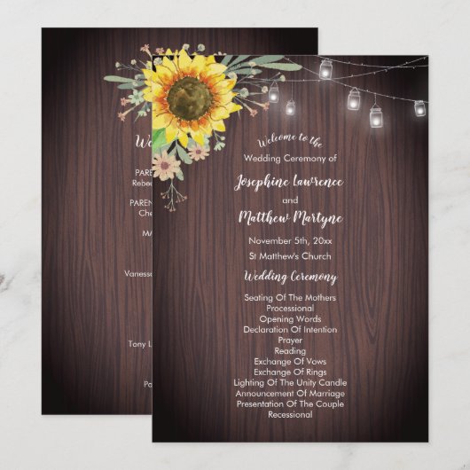 Rustikale Sonnenblume Wood Jar Lights Hochzeit Programm (Vorne/Hinten)