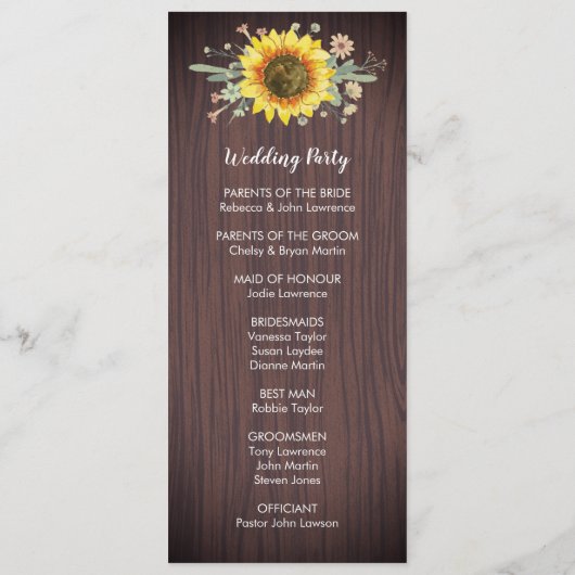 Rustikale Sonnenblume Wood Jar Lights Hochzeit Programm (Rückseite)