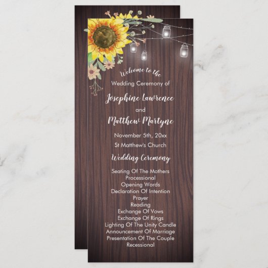 Rustikale Sonnenblume Wood Jar Lights Hochzeit Programm (Vorne/Hinten)