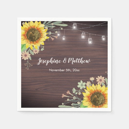 Rustikale Sonnenblume Wood Jar Lights Hochzeit Serviette (Vorderseite)