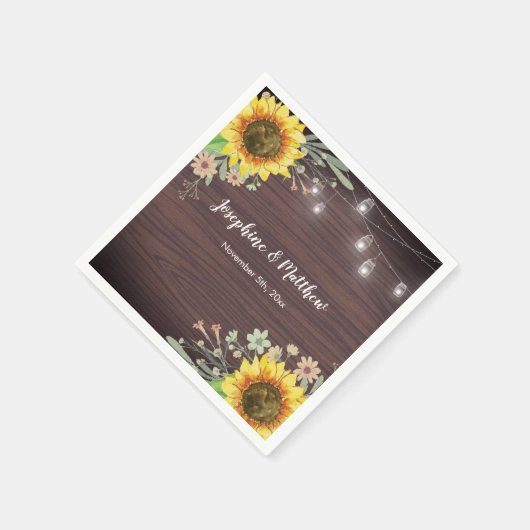 Rustikale Sonnenblume Wood Jar Lights Hochzeit Serviette (Ecke)
