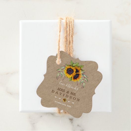 Rustikale Sonnenblumen Alte Barn Linen Hochzeit Geschenkanhänger (Beispiel)