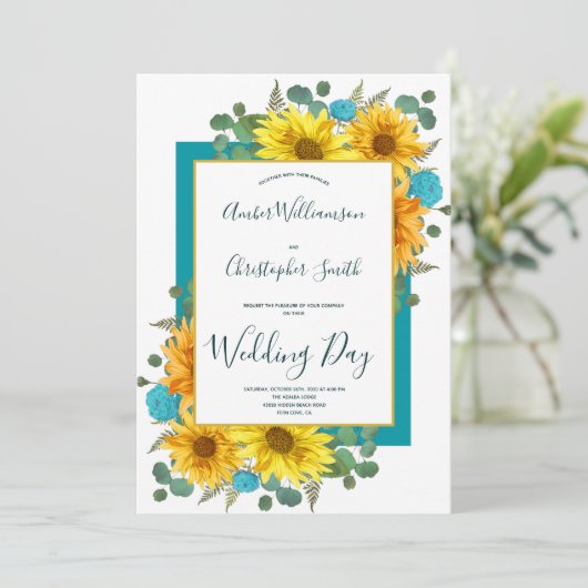 Rustikale Sonnenblumen Aquamarine blaue Rose Hochz Einladung (Stehend Vorderseite)