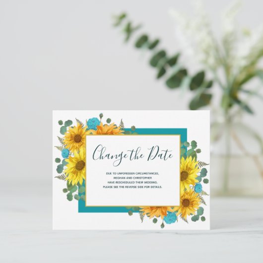 Rustikale Sonnenblumen Aquamarine Rose Hochzeit än Ankündigungspostkarte (Stehend Vorderseite)