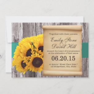 Rustikale Sonnenblumen Aquamariner Gürtel Hochzeit Einladung