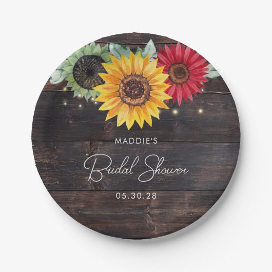 Rustikale Sonnenblumen auf Barnwood-Brautparty-Tel Pappteller (Vorderseite)