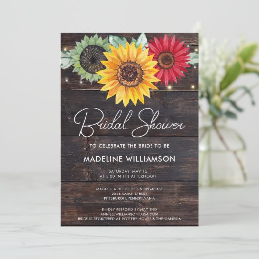 Rustikale Sonnenblumen auf Brautparty aus Stallhol Einladung (Stehend Vorderseite)