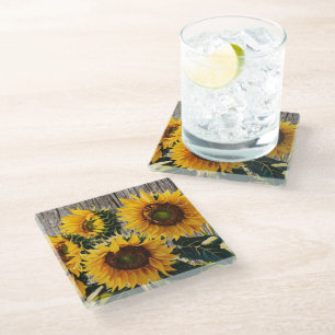 Rustikale Sonnenblumen auf der Tafel Print Glasuntersetzer