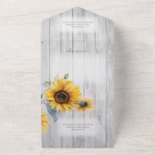 Rustikale Sonnenblumen auf gewittertem Weißholz QR All In One Einladung (Außenbereich)
