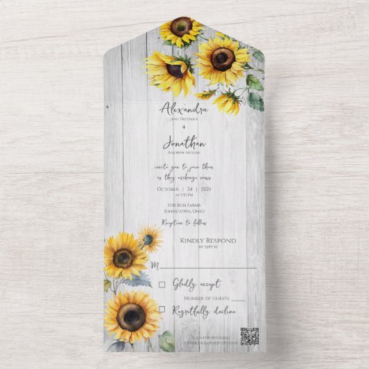 Rustikale Sonnenblumen auf gewittertem Weißholz QR All In One Einladung (Innen Boden)