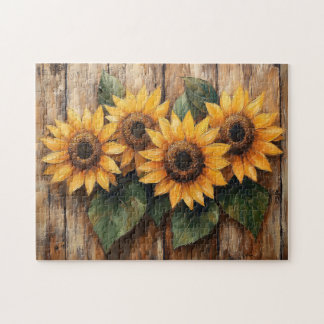 Rustikale Sonnenblumen auf Holz Puzzle
