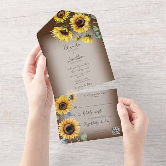 Rustikale Sonnenblumen auf verblassenem QR-Code All In One Einladung (Abreißen)