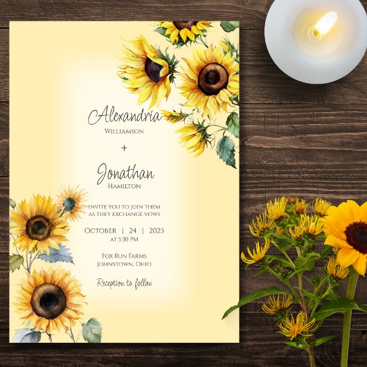 Rustikale Sonnenblumen auf verblasster Goldhochzei Einladung