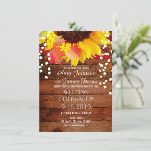 Rustikale Sonnenblumen Barnholz Hochzeitseinladung Einladung (Stehend Vorderseite)