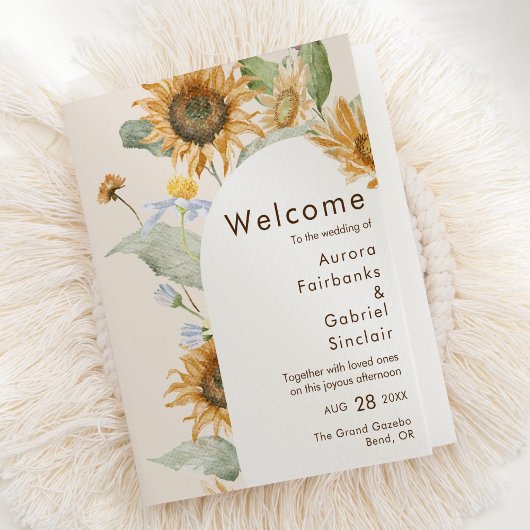 Rustikale Sonnenblumen-Beige-Bogen-Hochzeit gefalt Programm