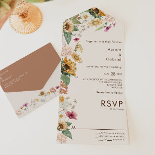 Rustikale Sonnenblumen-Beige-Moderne Hochzeit All In One Einladung