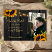 Rustikale Sonnenblumen beleuchten Holz Foto Hochze Save The Date