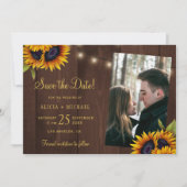 Rustikale Sonnenblumen beleuchten Holz Foto Hochze Save The Date (Vorderseite)