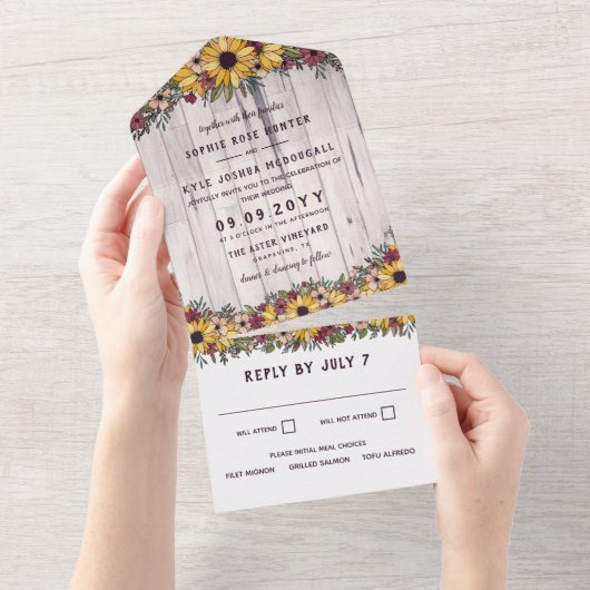 Rustikale Sonnenblumen Blassholz-Grain-Hochzeit All In One Einladung (Abreißen)