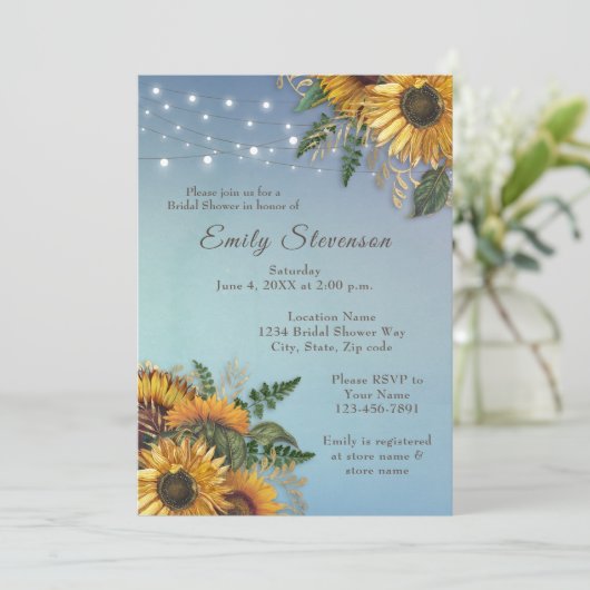 Rustikale Sonnenblumen, Blätter Brautdusche Einlad (Stehend Vorderseite)