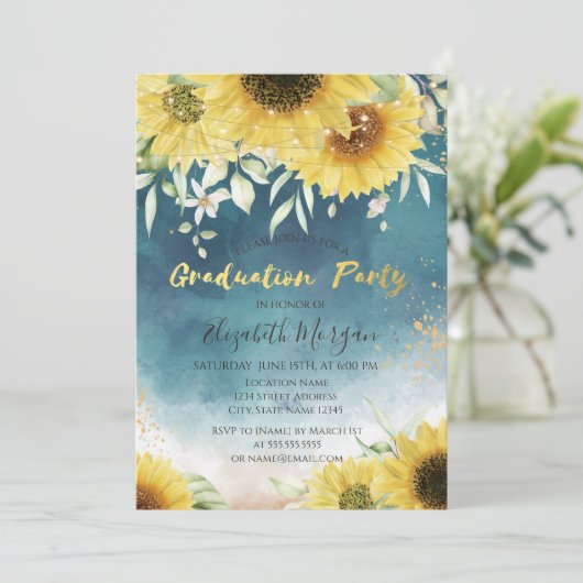 Rustikale Sonnenblumen, Blätter Lichter Abschluss Einladung (Stehend Vorderseite)