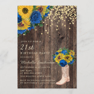 Rustikale Sonnenblumen Blaue Rosen Stiefel 21. Geb Einladung