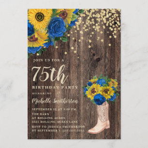 Rustikale Sonnenblumen Blaue Rosen Stiefel 75. Geb Einladung