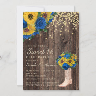 Rustikale Sonnenblumen Blaue Rosen Stiefel Sweet 1 Einladung