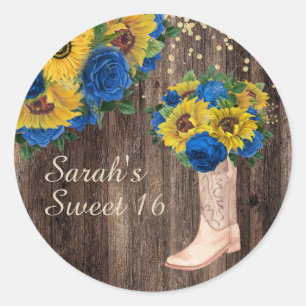 Rustikale Sonnenblumen Blaue Rosen Stiefel Sweet 1 Runder Aufkleber