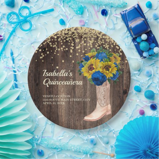 Rustikale Sonnenblumen Blauen Rose Stiefel Quincea Pappteller (Party)