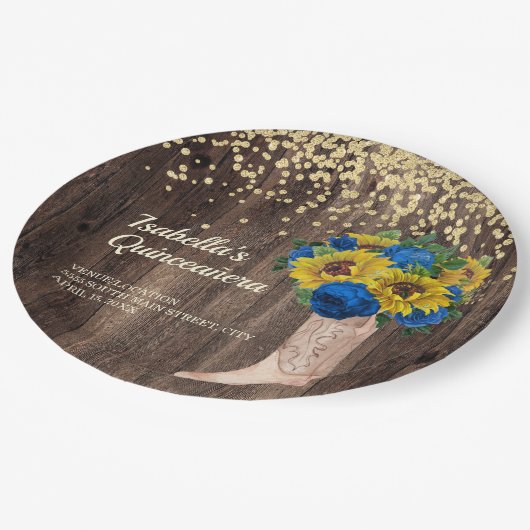 Rustikale Sonnenblumen Blauen Rose Stiefel Quincea Pappteller (Schrägansicht)