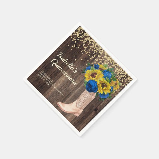 Rustikale Sonnenblumen Blauen Rose Stiefel Quincea Serviette (Ecke)