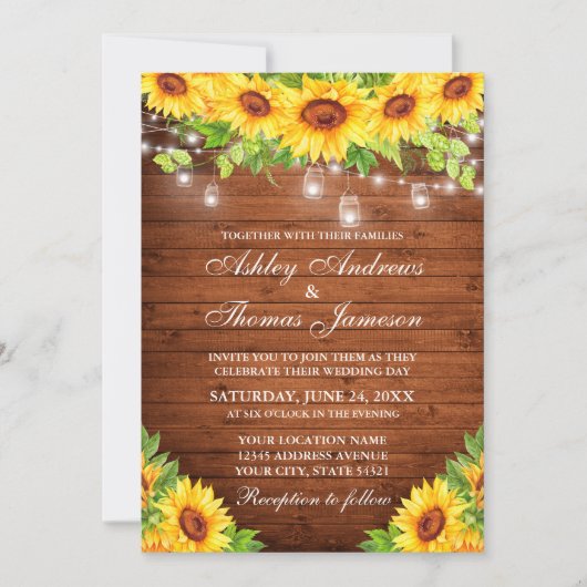 Rustikale Sonnenblumen Blumenblume Mason Jar Light Einladung (Vorderseite)