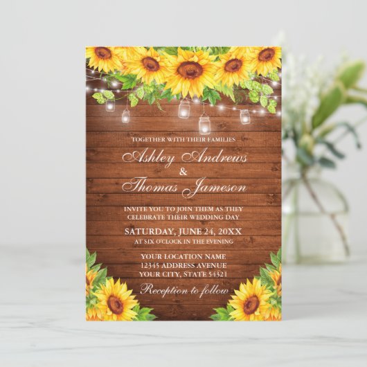 Rustikale Sonnenblumen Blumenblume Mason Jar Light Einladung (Stehend Vorderseite)