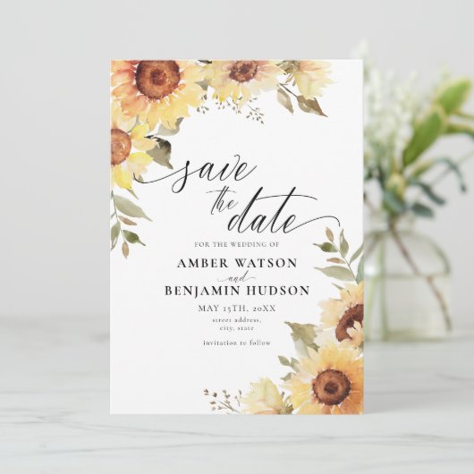 Rustikale Sonnenblumen Botanische Blüten Save the Einladung (Stehend Vorderseite)