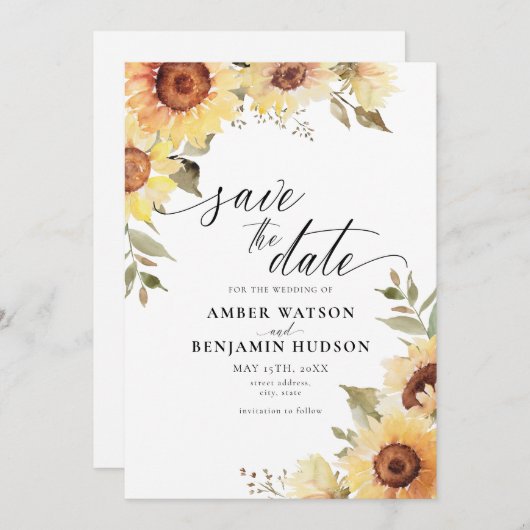 Rustikale Sonnenblumen Botanische Blüten Save the Einladung (Vorne/Hinten)