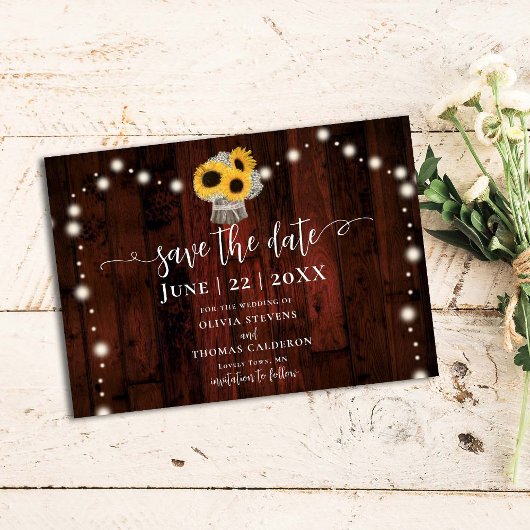 Rustikale Sonnenblumen Bouquet Lights Barn Wood We Save The Date