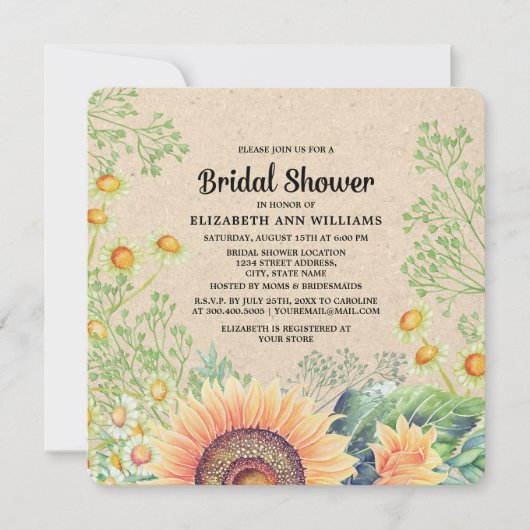 Rustikale Sonnenblumen Brautdusche Einladung (Vorderseite)